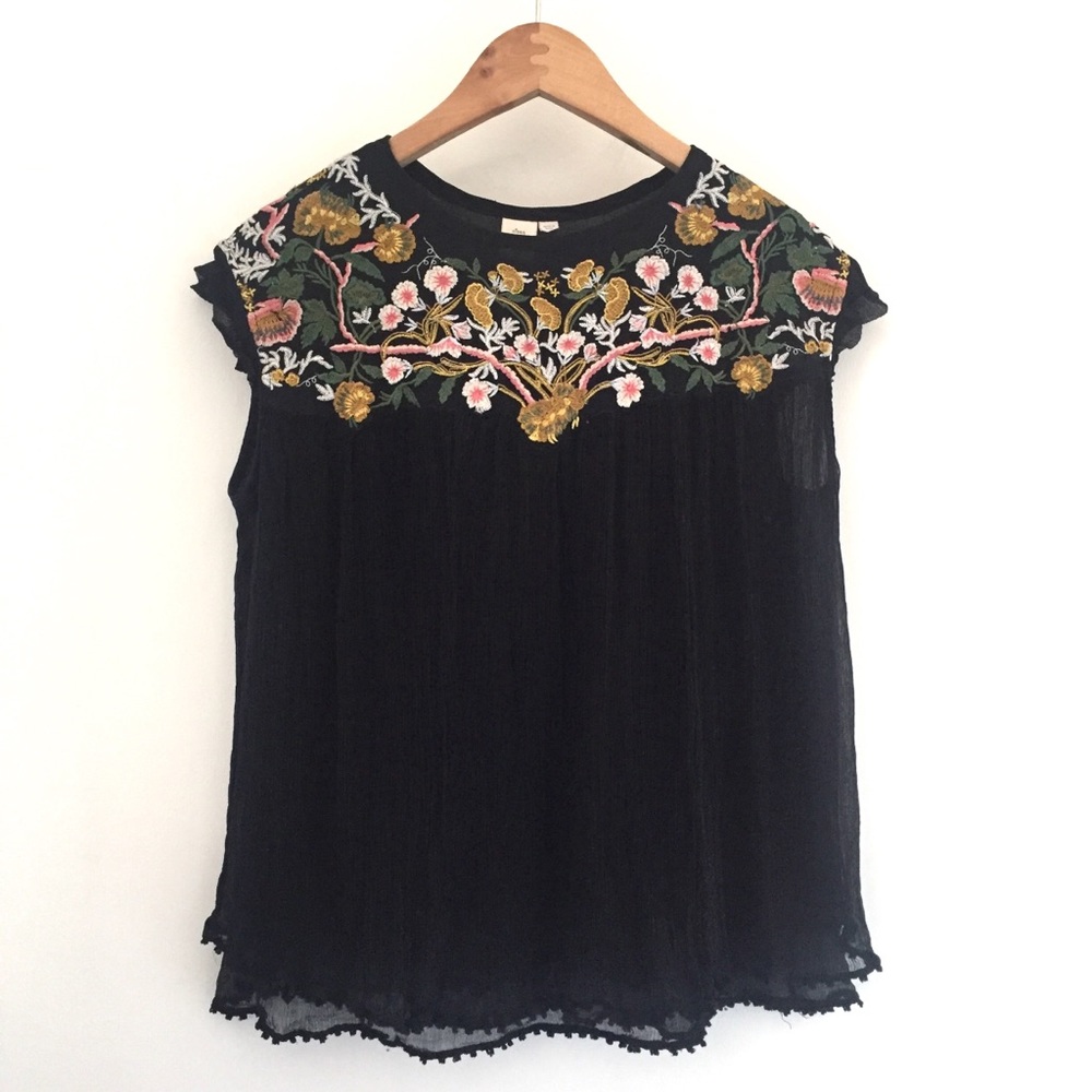 Anthropologie Black Blouse with Colorful Embroidery
